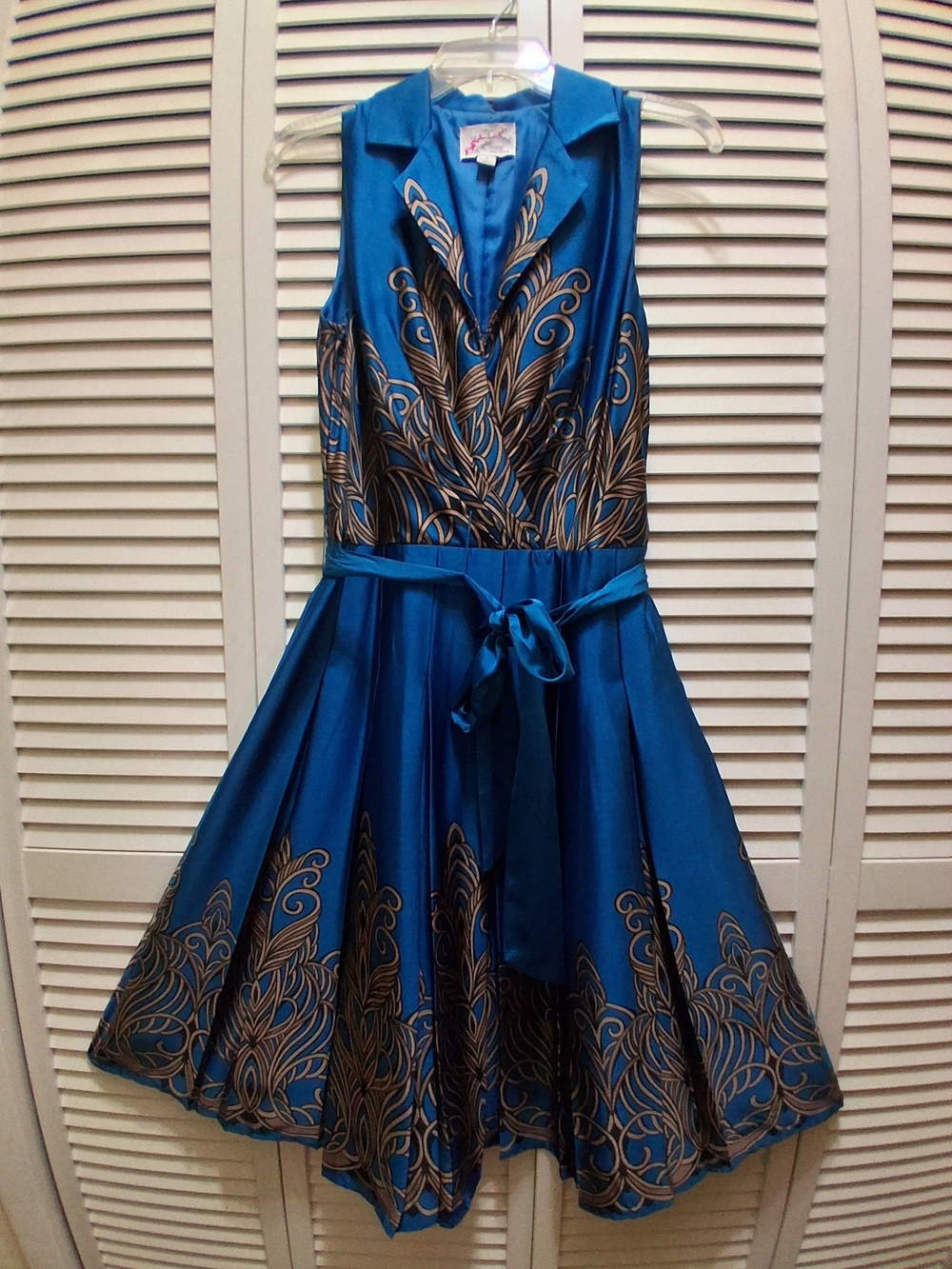 Blue Satin Pleated Dress with Gold Feather Motif